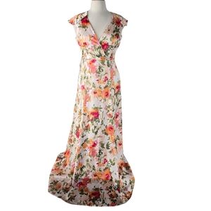 HUTCH Ella Floral Satin Faux Wrap Maxi Dress Size 6 Open Back Flutter Sleeves